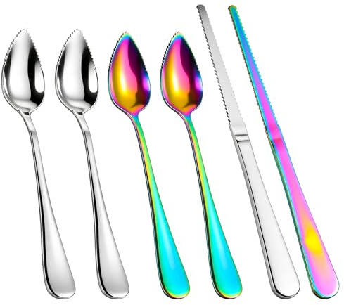 Elegaperma Lot de 6 cuillères à pamplemousse, cuillères kiwi en acier inoxydable avec dents de scie - Cuillère pointue pour baies, citron, salade, grattoir, lot de cuillères pour cuisine, salle à
