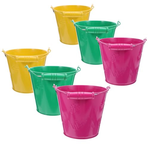 HOOTNEE Set 6 Secchielli da Spiaggia in Ferro per Giocattoli da Spiaggia Manico in Legno Secchiello per Sabbia e Acqua Giocattolo per Asilo e Gioco All’Aperto Colore Colore Casuale
