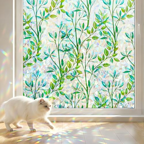 Lifetree Rainbow Window Film Privacy Film for Glass Windows 44.5 * 200cm, Static Cling No Glue Decorative Green Leaves Pattern Anti UV Vinyl for Home Bathroom