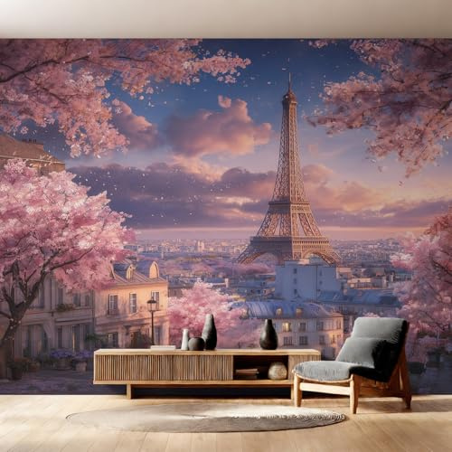 Générique Papier Peint Tour Eiffel, Motif Papier Peint Intissé Panoramique Paris Fleurs de Cerisier 300x210 Wallpaper Pour Salon Chambre Deco Murale W22