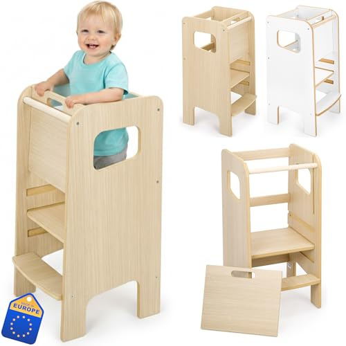Montessori Lernturm für Kinder mit Riegel – Küchenhelfer Tritthocker für Kleinkinder, sicher & geschlossen, mit Sicherheitsriegel, höhenverstellbar, Elternliebling, modern, Eiche