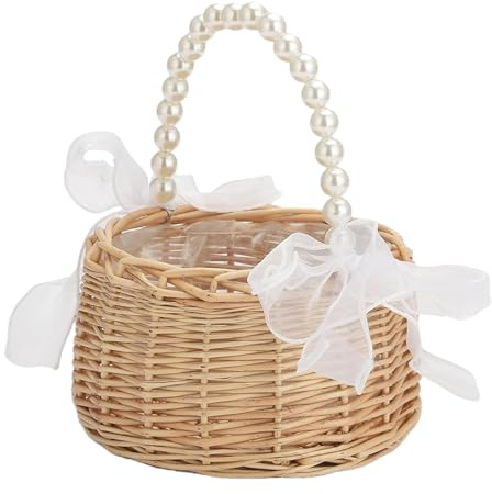 Cesta de mimbre tejida a mano, cesta de ratán para niña de flores con lazos, cestas de flores con mango de perla para decoración de bodas y hogar