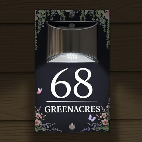 Plaque Numéro Maison Solaire LED Personnalisée, Plaque Adresse Extérieure Étanche Impression UV, Numéro Maison Lumineux avec Installation Vis ou Adhésif pour Mur Porte Jardin (Style 4)