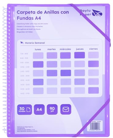 Raylu Paper® – Sorteringsmapp med ringar med 90 μm A4 transparent fodral och kuvert med kardborreförslutning, anpassningsbar lock. 100% biologiskt nedbrytbar mantelmapp. (30 lock, Violett)