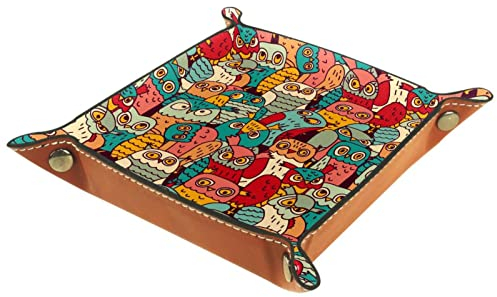 suojapuku Ledertablett,Leder Cartoon bunte lustige Eulen Tablett,Taschenleerer Tablett für Aufbewahrungsschlüssel-Münzen-Schmuckuhr
