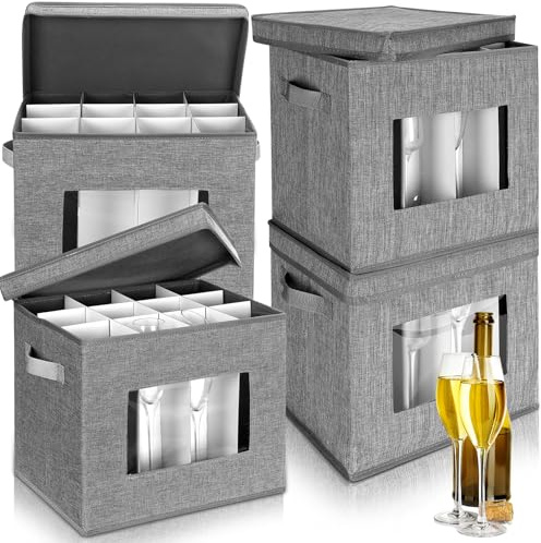 Uiifan 4 Pcs Champagne Flute Storage Box with Dividers 12 Compartment Stemware Storage Cases China Container Box with Lid, Handles, PVC Window for Moving, Gray