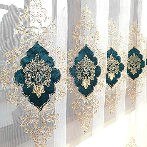 SLOW SOUL 2 Panels European Luxury Curtains Velvet Embroidered Tulle for Living Room Kitchen Bedroom Sheer Curtain with Rod Pocket Teal Green 50W X 69L inch