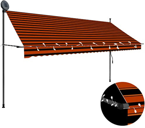 ARKEM Einziehbare Markise Handbetrieben mit LED 350 cm Orange Braun Markise Einziehbar Balkonmarkise Klemmmarkise Sonnenschutz Garten