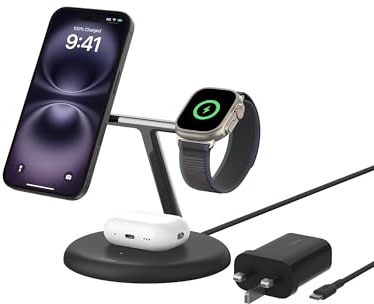 Belkin BoostCharge 3-in-1 Wireless Charging Stand with Qi2 15W, MagSafe Compatible Fast Charger for iPhone 17, Air, 16, 15, 14, 13, 12 Series, PixelSnap, AirPods, Apple Watch (PSU included) - Black