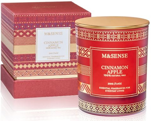 M&SENSE Cinnamon Apple Christmas Soy Candle, Natural Non Toxic 7.4oz 45 Hour Long Burning, Winter Luxury Holiday Candle for Home Scented, New Year Gifts for Men & Women