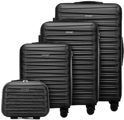 WITTCHEN Skyspeed Line Reisekoffer 4er Koffer-Set Rollkoffer Trolley Handgepäck Gepäck Reisekofferset mit Kosmetikkoffer Hartschalenkoffer ABS Kombinationsschloss Schwarz Lufthansa/Eurowings