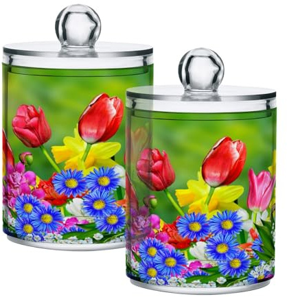 Paquete de 2 tarros de almacenamiento para baño, dispensador de tulipanes, narcisos, margaritas, flores de primavera, organizador de maquillaje transparente, almohadillas de algodón, hisopos,
