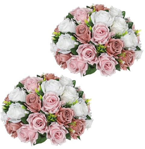 Uppsättning av 2 konstgjorda blommor, rosor, blomkula med 30 huvuden, konstgjorda sidenblommor, bukett, rosbukett, för bröllop, hem, bordsfest, fönsterdekoration, bröllopsmedelstycken, vit persika
