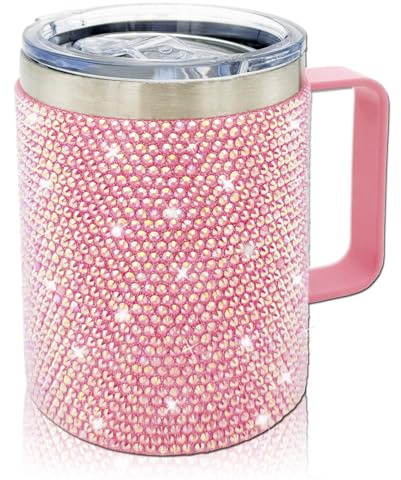 XMYAINA 12oz Bling Travel Coffee Mug with Handle and Lid Rhinestone Insulated Coffee Mug Stainless Steel Vacuum Reusable Glitter Coffee Tumbler Thermal Cup for Home and Office (Pink)