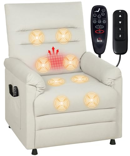 HOMCOM Fauteuil Relax électrique massant et Chauffant, Fauteuil inclinable en Velours adapté aux Animaux, Repose-Pieds, Moteur Silencieux, mémoire, Port USB, Poches latérales et télécommande, crème