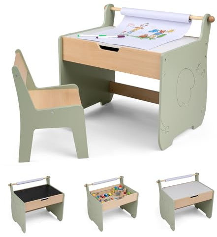 RELAX4LIFE 4 in 1 Tavolino Bambini con Sedie, Tavolo per Bambini con Piano Reversibile (Lavagna/Bianco), Portarotolo, Spazio di Archiviazione, Tavolino Legno per Giocare, Dipingere, 68,5×47,5×59cm