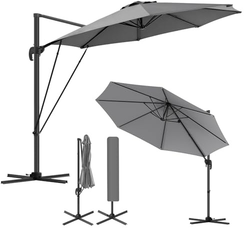 WOLTU Sombrilla Parasol Ø 3 m, Parasol Jardin Giratorio 360°, UPF 50+, Ajustable de 5 Niveles, con Base Manivela Mástil de Metal, para Terraza Playa Piscina Mercado Patio Exterior