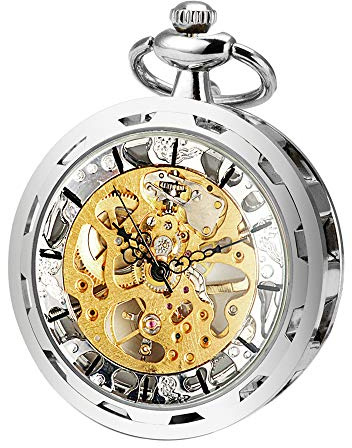 ManChDa Hombres Transparente Abierto de la Cara Reloj de Bolsillo Plata Esfera Esqueleto con Cadena + Caja de Regalo