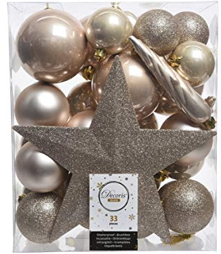 Christmas Decoration Weihnachtskugeln mit Christbaumspitze Stern Kunststoff 33er Set bruchsicher Champagner Perle beige