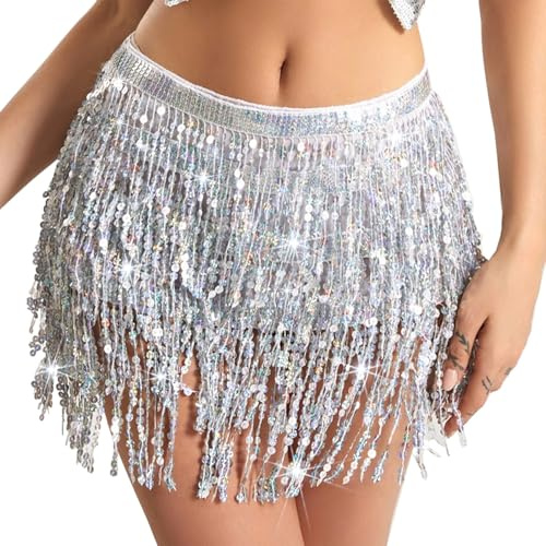 Baisdan Gonna con Paillettes Nappe, Gonna Danza del Ventre per Festival Club Rstate Spiaggia Mini Gonne Argento