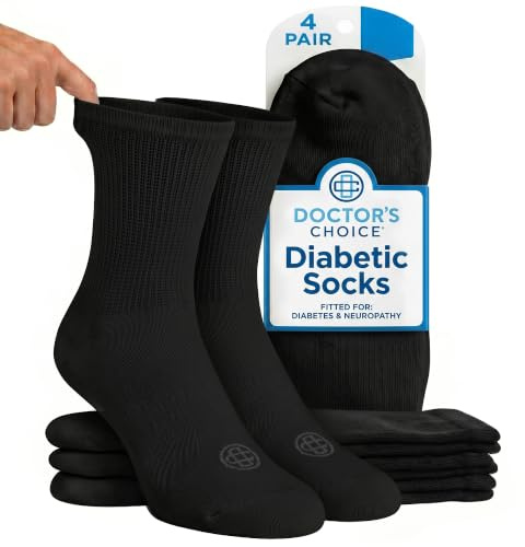 Doctor's Choice Diabetic Socks for Men, Seamless Crew Socks with Non-Binding Top, Provides Extra Comfort for Gout, 4-Pairs, Black, Large, Size 10-13