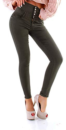 Fashion4Young 11209 Damen Hose Treggings Röhre Damenhose Stretch Skinny Chino High-Waist (Khaki, S-36)
