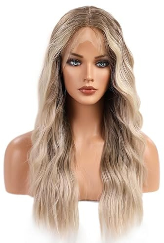 VEBONNY Lace Front Perücken für Frauen, Braune Ombre Blonde Perücke, Kunsthaar, Lockige Leichte Blonde Perücken 50,8 cm, VEBONNY-083