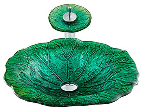 XYEJL Tempered Glass Basin Sink, Art Bathroom Sink, Above Counter Basin of Tempered Glass Wash Basin, Creative Leaf Art, Green (47 * 47 * 12.8cm),A