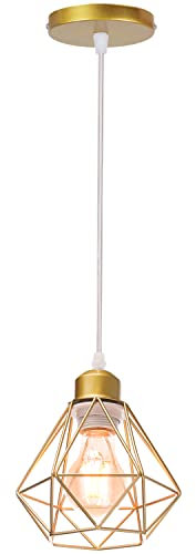 TOKIUS E27 Plafonnier Industriel Suspension Luminaire Vintage Design Lustre Métal Rétro forme Cage Ø160mm éclairage plafond 40W, Doré (Lustre-1pcs)