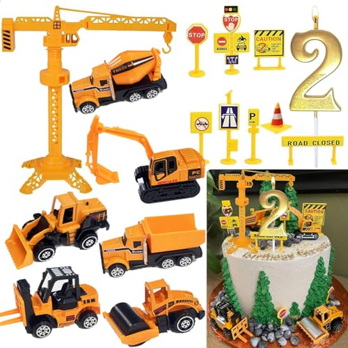Drookaen Baustellen Deko Kuchen, Bagger Tortendeko 2 Jahre, Gold Glitter 2 Geburtstagskerze, Metall Kunststoff Baustellenfahrzeuge Verkehrsschilder Kinder, Bagger Klein, Tortendeko Baustelle 2 Jahre