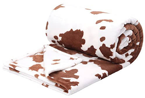 PiccoCasa Kuh-Bedruckte Decke, weiche 300 g/m² Fleece-Flanell-Überwurfdecke, leicht, niedlich, bequem, warm, Rindsleder, Decken für Couch, Sofa, Bett, Büro, 150 x 200 cm, Braun