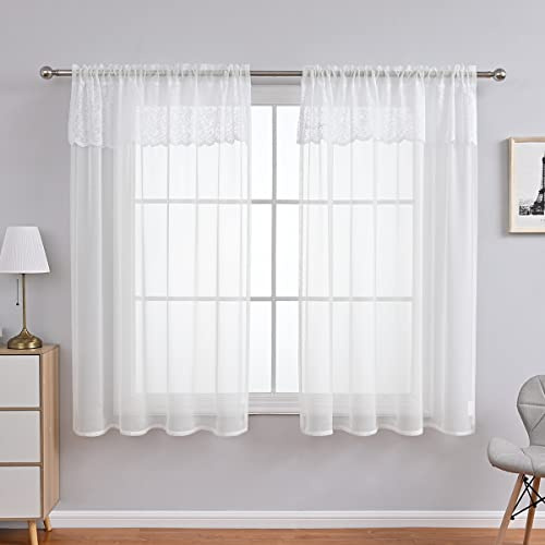Devola Scheibengardinen lang Bistrogardine modern Sheer Vorhang mit Spitze Unifarbig Küchengardinen mit stangendurchzug Gardinen Schals BxH 100x130cm Weiß 1 Stück