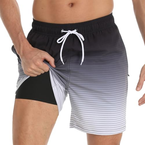 Bañador Hombre Secado Rápido con Bolsillo, Pantalones Cortos de Natación 2 en 1 con Forro de Compresión, Bañadores Deportivos para Playa, Piscina y Entrenamiento, V0 Degradado Negro-Gris, XXL