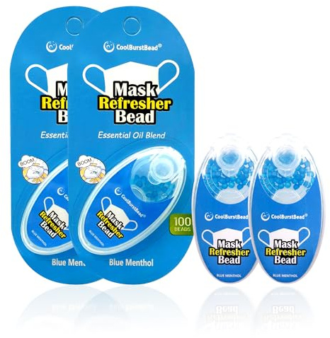 CoolBurstBead Menthol Beads for Face Mask Refresher, Long-Lasting & Strong Refreshing Fragrance, with Natural Essential Oils from Herbs and Plants (100 beads/pack), Pack of 4, Blue Menthol