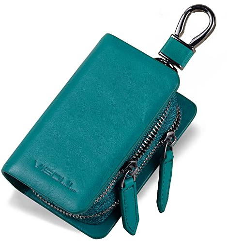 VISOUL Car Key Case Holder Double Zipper, Leather Car Smart Key Fob Case with Keychain for Men and Women-Lake Blue