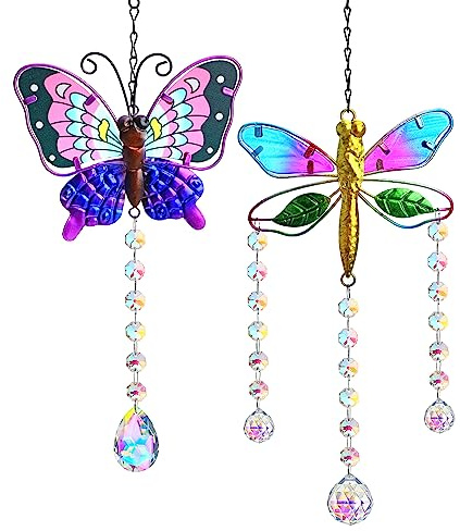 YU FENG Set 2 Suncatchers with Crystals,Stained Glass Butterfly Dragonfly Sun Catchers Window Garden Hanging Decoration Ornament,Prism Rainbow Maker Pendant