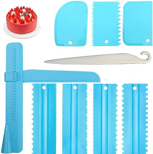 Narunii 9 Pièces Racloir Gateau,Ensemble Grattoir à Gâteau pour Crème à Beurre,Lisseur à Gâteau Décoration de Peigne Outil de Pâtisserie,Cuisine Moule De Cuisson Outil Bleu