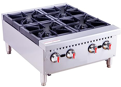 EASYROSE Commercial Gas Hot Plate 24 Inch, 4-Burner Countertop Range 120,000 BTU, Heavy Duty Stainless Steel Stove with Cast Iron Grates, NG/LP Convertible, ETL Listed for Restaurant