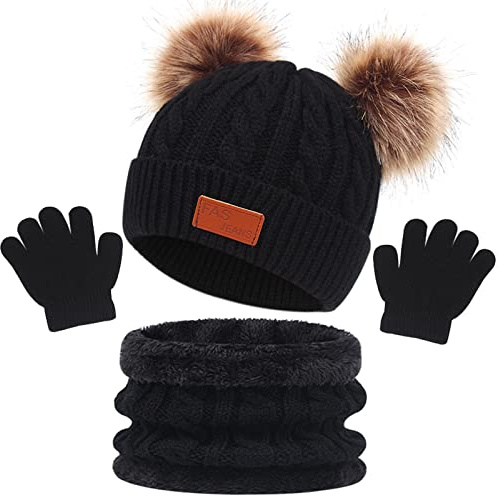 Enwokran Enfant Hiver Bonnet Echarpe Gants Ensemble, 3PCS Polaire Snood Bonnet Chapeau avec Pom Détachable Tricoté Tour de Cou Chaud avec Doublure Gants pour Fille Garçon 2-6 ans (Noir)
