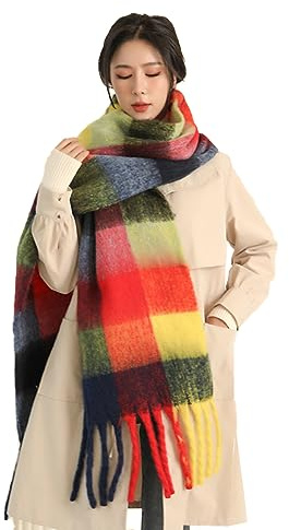 Wambere Damen Schal, Kariert übergroßer Winter SchaltuchKaro Schultertuch Plaid Deckenschal Modeschal Weich Warm Strickschal Oversized Herbstschal Warme Winter Stola mehrfarbig,Gelb Rot Schwarz