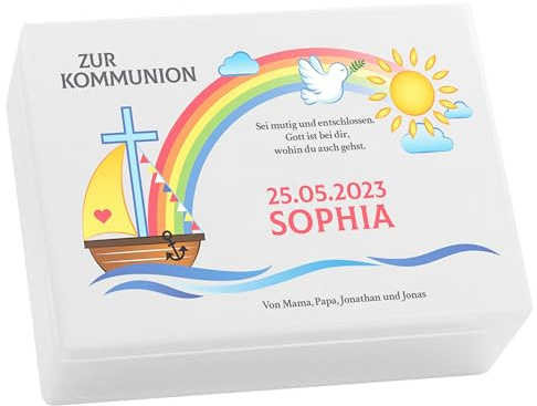 LAUBLUST Holzkiste zur Kommunion - Regenbogen Farbmotiv | Personalisiertes Kommunion-Geschenk, FSC® (Weiß, ca. 40 x 30 x 14 cm | L)