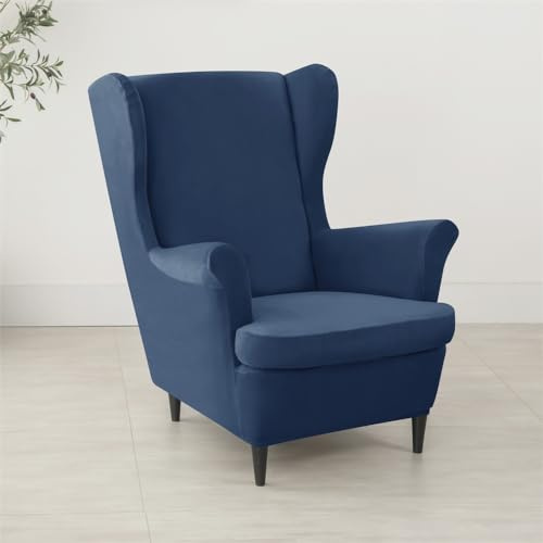 Highdi 2 Teilig Samt Ohrensessel Überzug mit Ottomane Schonbezug, Sessel-Überwürfe Ohrensessel Schonbezüge Bezug Sesselhusse Stretch Tiger Stuhlbezug (78–85 cm (Ohrensesselbezüge),Navy blau)