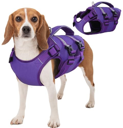 Kuoser Schwimmweste Hund mittel, Hundeschwimmweste mit Griff, Lila L | Rettungswesten für Hunde mit Reflektierend, Verstellbare Hunde Schwimmweste für mittelgroße Hunde mit Verbesserter Auftrieb