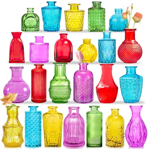 KOIUEYW Mini-Blumenvasen aus farbigem Kristallglas, Vintage-Stil, für Blumen, Tischdekoration, Hochzeiten, Wohndekoration und Partys, 24er-Set