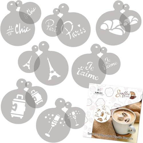 NAKLEO Kaffee Schablonen und Kekse Dekoration 14 Stück 7x7 und 11x11cm, Wiederverwendbare Plastik Backen Vorlage, Paris Reisen Frankreich, DIY Kunst, Cappuccino Latte Schokolade Torten Kuchen