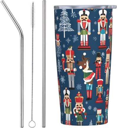Mlmnbvc Gobelet isotherme en acier inoxydable avec couvercle et paille pour femme, motif Casse-noisette, danse de Noël, 591 ml