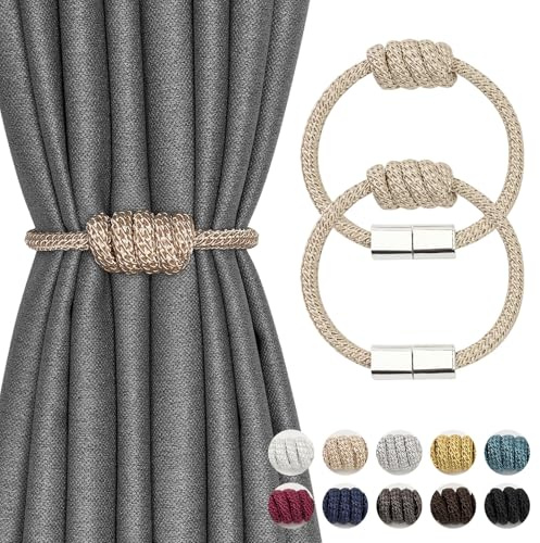 Pretty Jolly 2 Pack Mini Magnetic Curtain Tiebacks Modern Simple Style Drape Tie Backs Elegant Hand Weave Rope Knot Decorative Curtain Holdbacks for Home & Office Window Drapery (Beige)