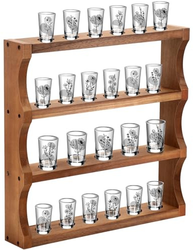 DoubleFill Wood Shot Glass Display Case Shot Glasses Holder Wall Floating Shelves Bar Collection Stand Collection Display Rack (Brown)