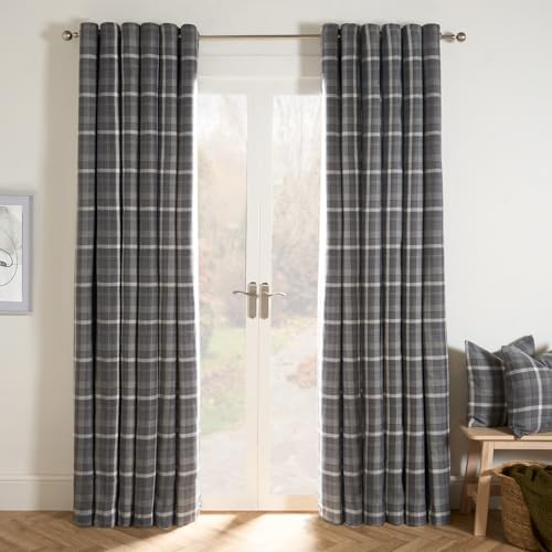 OHS 2 Panel Blackout Curtains for Bedroom Living Room, Soft Luxury Winsford Woven Check Charcoal Grey Thermal Curtain Eyelet Decorative Fully Lined Curtains, 90 x 90