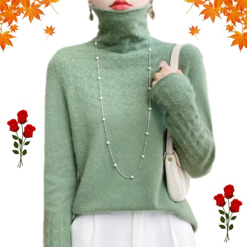 Maglione in cashmere a maniche lunghe a collo alto in maglia cava, autunno inverno morbido caldo lavorato a maglia dolcevita maglione di lana per le donne, Verde, L